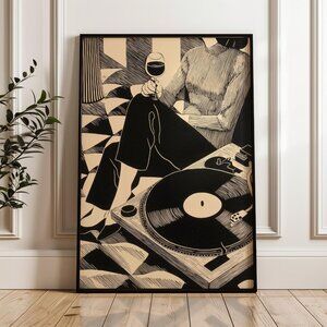 Wine Vinyl Art Print, Minimal Line Drawing Poster, Modern Music Wall Decor